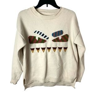 Vintage Monster Face Sweater Crew Neck Cream Blue Red Orange Size S-M